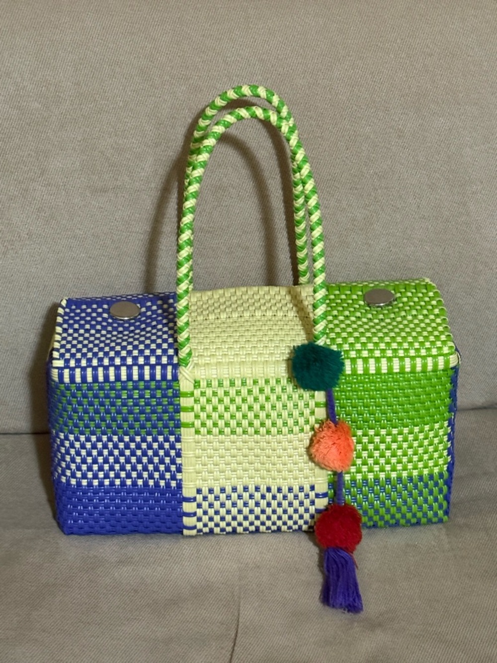 Handwoven Colorblock Tote Bag in Green, Purple and Cream- Unique Artesanal bag